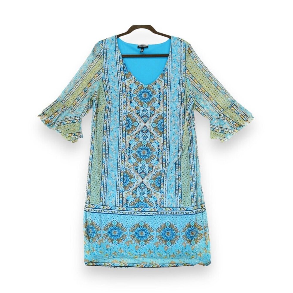 Allison Brittney Women's Blue Rayon V-Neck 3/4‎ Sleeves Knee Length Dress XL